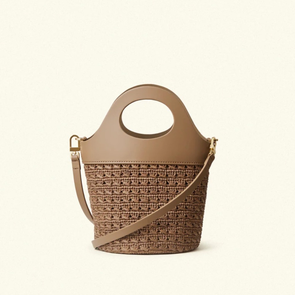 Small Taupe Leather and Raffia Bucket Bag with Removable Strap
